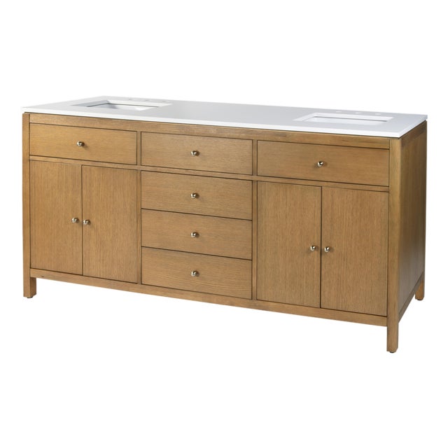 Nora 72 in. W Quartz and Wood Double Sink 4 Drawer Bathroom Vanity Set, Light Natural For Sale