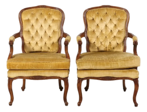 Vintage Hibriten Gold French Provincial Fauteuil Style Tufted Velvet Armchairs - Pair
