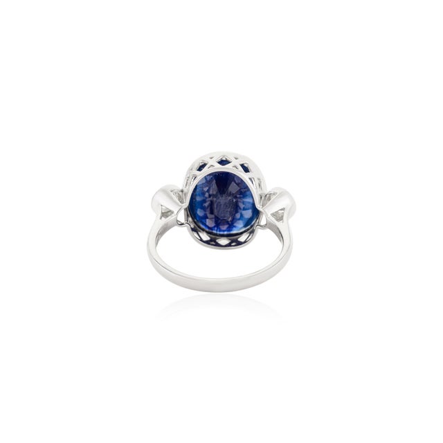 Metal Art Deco Oval Sapphire Diamond 18k Gold Cocktail Ring Size 5.5 For Sale - Image 7 of 12