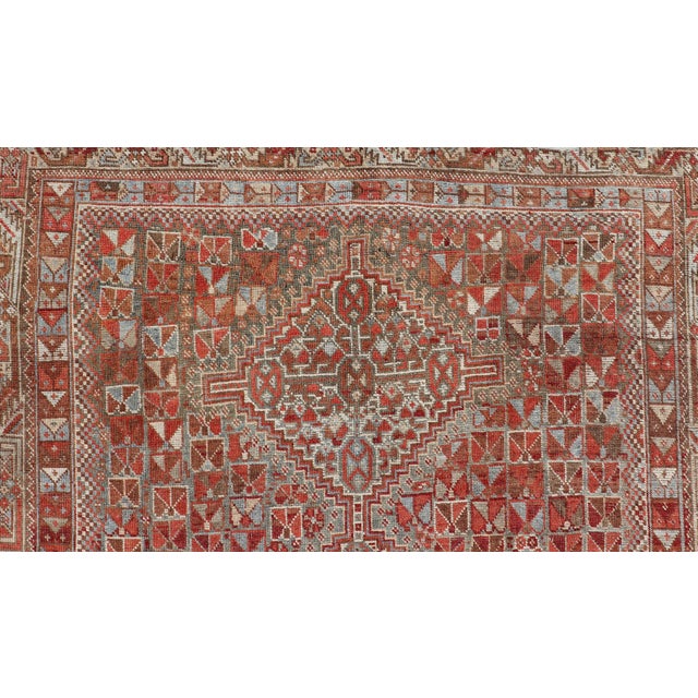 Red Antique Distressed Persian Medallion Shiraz Rug in Shades Rusty Red & Steel Blue For Sale - Image 8 of 10