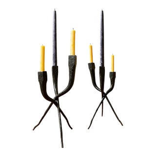 Mid 20th Century Pair of Iron Brutalist Candelabra For Sale