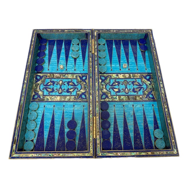 Handmade Wooden Backgammon & Chess Board Lapis, Turquoise & Mother of Pearl For Sale