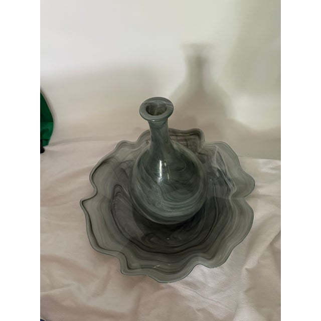 1970s Classic Mid-Century EcoGlass Smoky Swirled Hand Blown Glass Vase and Ruffled Rim Bowl Set, Made in Spain- 2 Pieces For Sale In Washington DC - Image 6 of 12