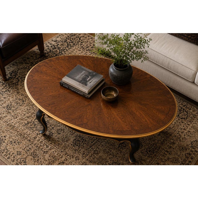 Late 20th Century French Provincial Oval Coffee Table in Onyx Black & Tobacco Walnut With Bookmatched Veneer Top For Sale - Image 4 of 4
