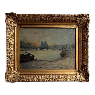 Antique Parisian Oil Painting of Notre-Dame on the Seine, C. 1914 — Signed Bonello, Gilt Frame For Sale