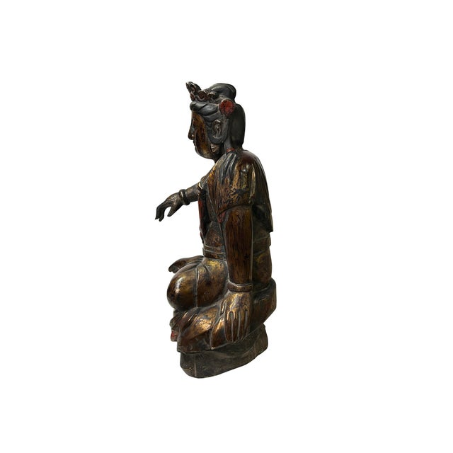 Chinese Vintage Chinese Golden Red Brown Lacquer Wood Bodhisattva Statue For Sale - Image 3 of 9