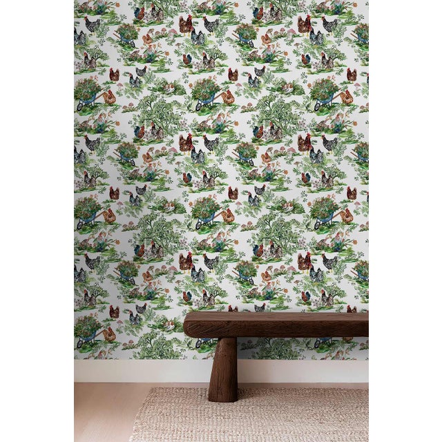 Cluckingham Farm Toile Grasscloth Wallpaper by House Party | Egg White | 6 Yards For Sale - Image 4 of 8