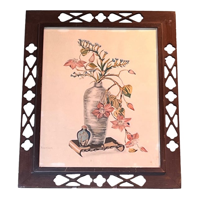 Vintage Harrison Chinoiserie Floral Still Life Fretwork Wood Frame 19x15.5 For Sale