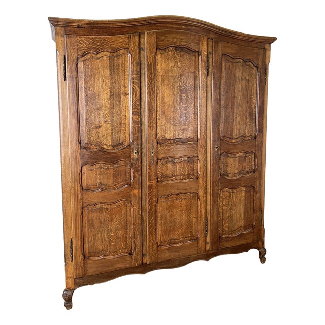 Vintage French Louis XVI Style Carved Oak 3-Door Wardrobe For Sale