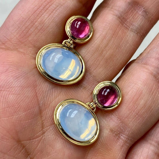 Contemporary Syna Rubellite and Moon Quartz Earrings, a Pair For Sale - Image 3 of 6