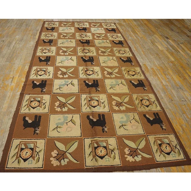 1970s Brown Vintage Animal Design Folk Art American Hooked Carpet Wool Rug For Sale - Image 12 of 12