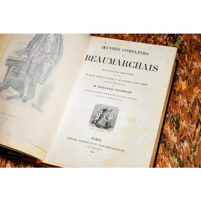19th Century Beautiful Ornate Red Leather Antique French Book Works of Beaumarchais Hand Painted Illustrations For Sale - Image 5 of 12