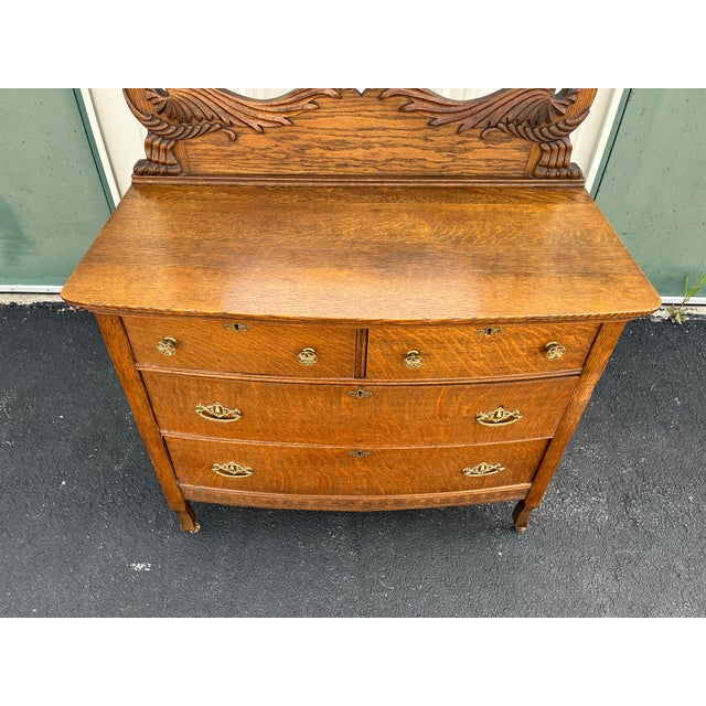American Early American Tiger Oak Dresser With Carved Swan Mirror For Sale - Image 3 of 12