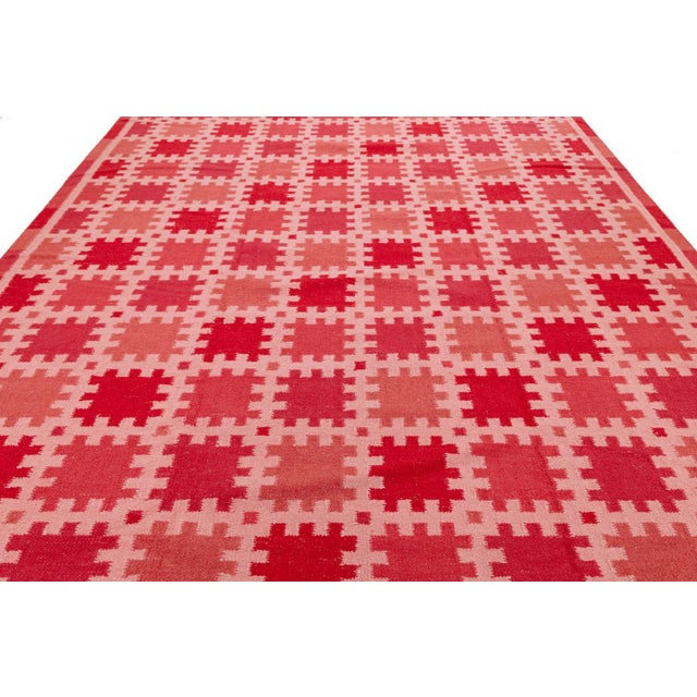 2010s 10x14 Modern Swedish-Style Flatweave Wool Rug – Terracotta & Crimson Geometric For Sale - Image 5 of 10