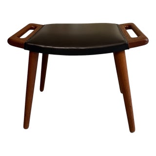Mid-Century Danish Teak Stool with Leather Seat, 1960s For Sale