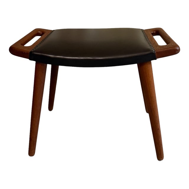 Mid-Century Danish Teak Stool with Leather Seat, 1960s For Sale