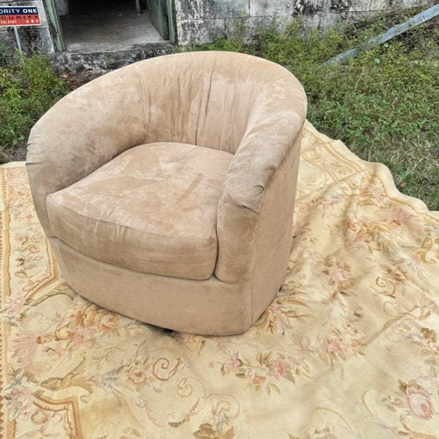 1990s Milo Baughman Style Suede Upholstered Barrel Back Swivel Chair For Sale - Image 9 of 12