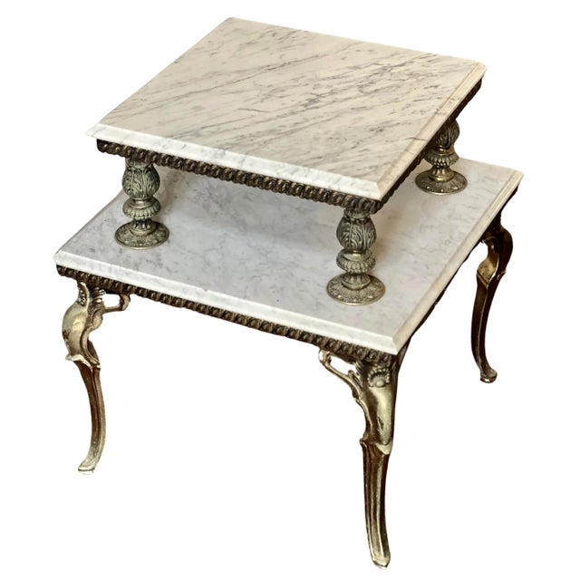 1940s French Gilded Brass and Carrera Marble Two Tier Side Table For Sale - Image 4 of 10