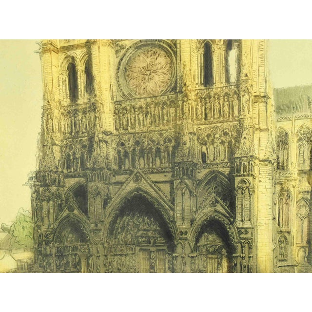 Late 19th Century Historical Architectural Notre-Dame D’Amiens Hand-Colored Etching by Becourt - Signed For Sale - Image 4 of 10