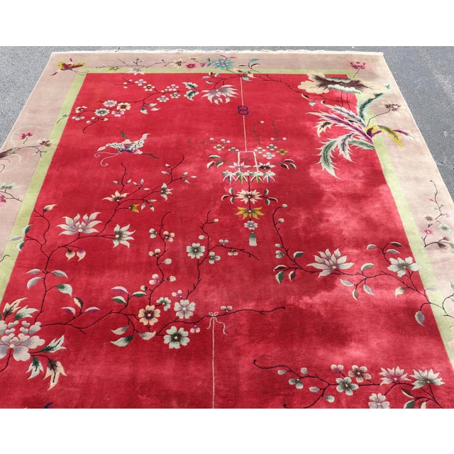 Antique Art Deco Rug in Rich Red Field With Light Grey and Floral Accents For Sale - Image 10 of 14