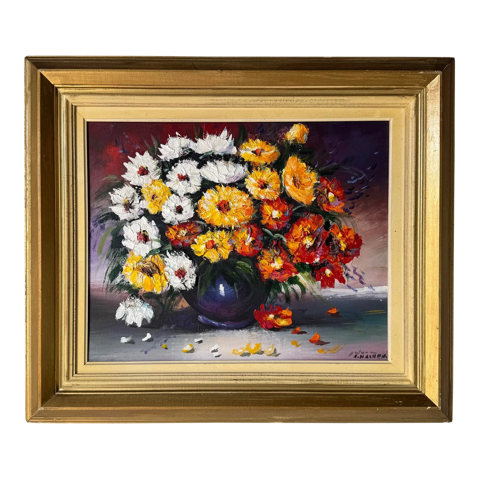 Vintage Still Life W/ Flowers on Vase Oil on Canvas Painting - Signed ...