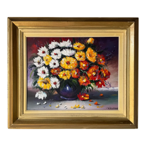 Vintage Still Life W/ Flowers on Vase Oil on Canvas Painting - Signed