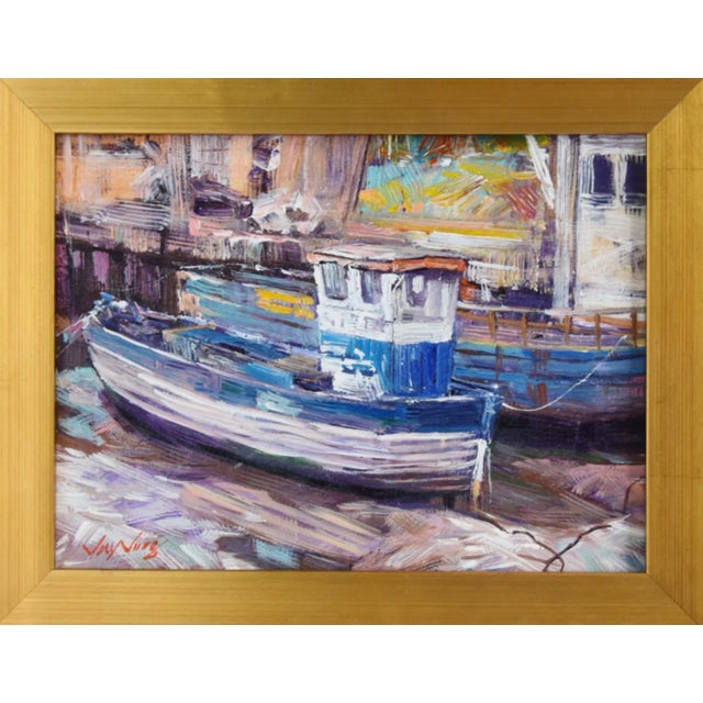 Beautiful vintage Nantucket impressionist seascape oil painting on stretched artist canvas with a charming fishing boat...