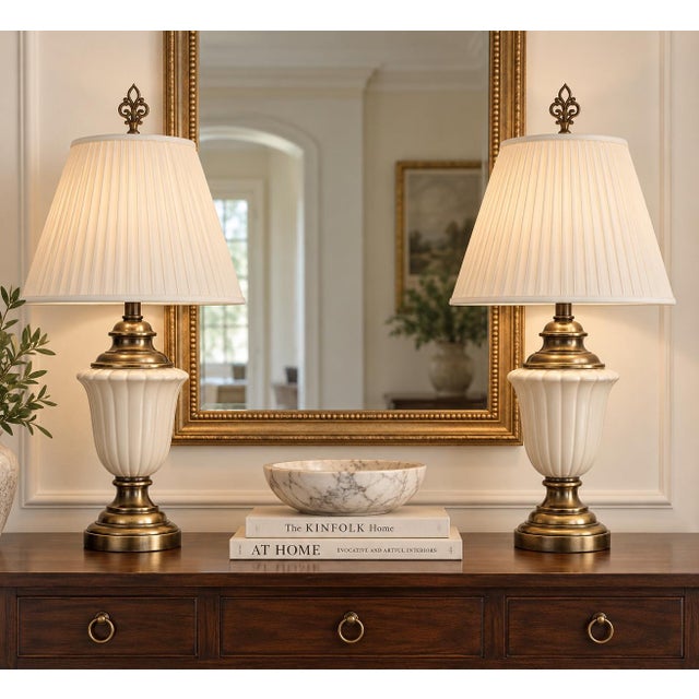 Vintage Neoclassical Cream Ceramic Urn Lamps With Pleated Ivory Shades - a Pair For Sale - Image 11 of 12