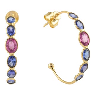 14k Solid Yellow Gold Mounted Multi Sapphire C- Hoop Earrings - a Pair For Sale