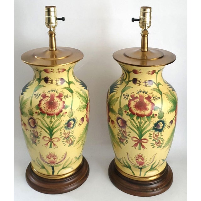 Chinese Lamp Pair Yellow Flowers Floral For Sale - Image 3 of 12