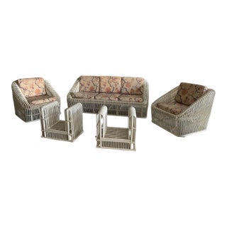 Vintage In The Style of Albini Stick Wicker Bamboo Rattan Patio Set - Set of 5 For Sale