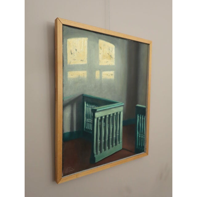 Mid-Century Modern 'Sunlit Landing' Vintage Swedish Original Interior Oil Painting, Framed For Sale - Image 4 of 14
