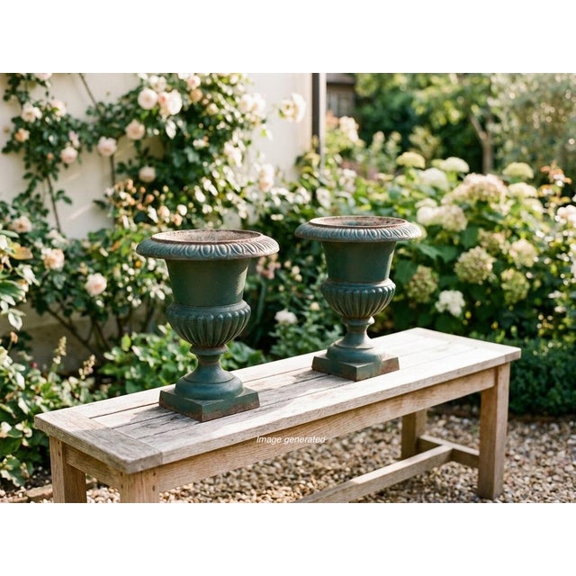 A pair of French green painted cast iron Medici style garden urn planters with green painted patina. Cast in two parts...