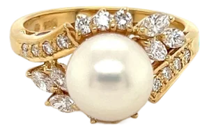 Mikimoto Diamond Pearl 18k Yellow Gold Cocktail Ring Size - 6.5