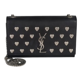 Black Smooth Calfskin Studded Heart Medium Kate Chain Bag For Sale