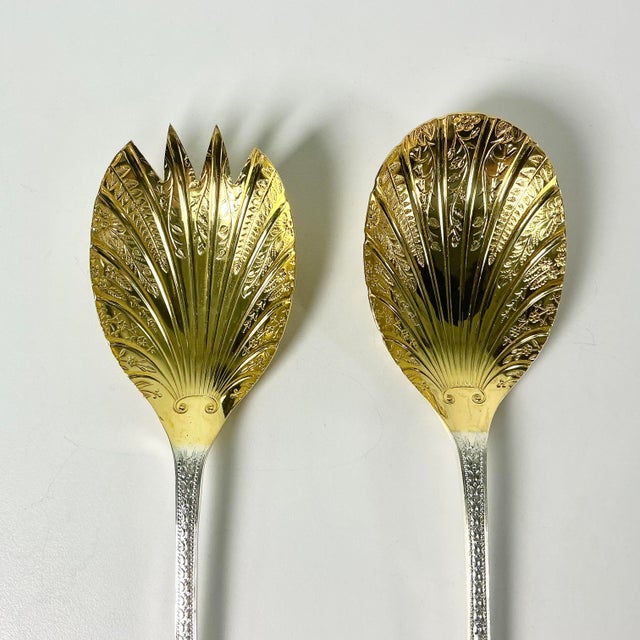 Metal Vintage Hollywood Regency Art Deco Boho Chic Etched Plated Stainless Salad Utensils - A Pair For Sale - Image 7 of 12
