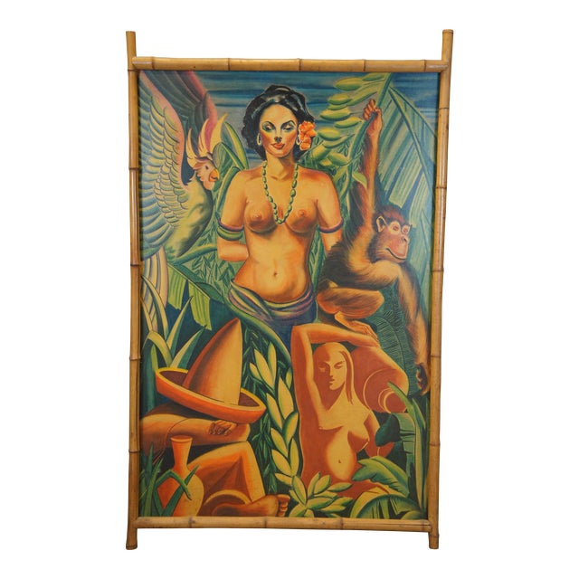 Mid 20th Century Monumental Bohemian Tiki Pastel Painting Tropical Nude Mid-Century Modern Faux Bamboo Frame 66" For Sale