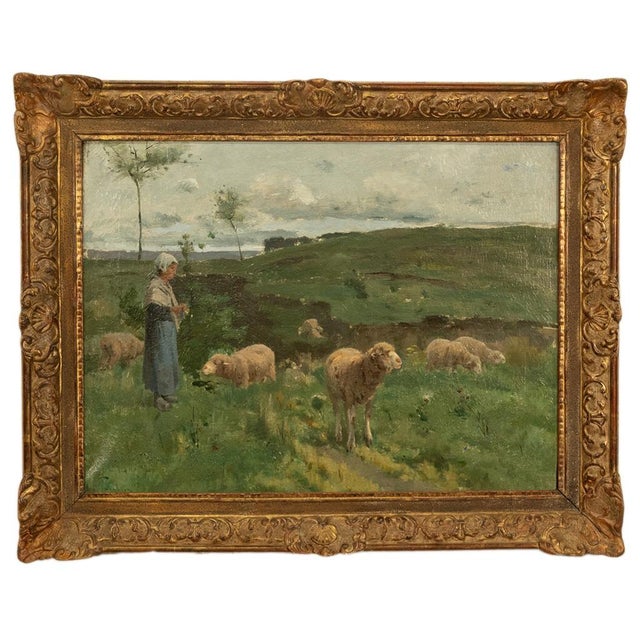 19thC Oil on Canvas French Pastoral Realism Barbizon School Landscape Painting by Harry Thompson, 1885 For Sale - Image 4 of 18