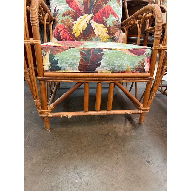 Pair of Mid-Century Rattan Lounge Chairs With Tropical Botanical Upholstery For Sale - Image 11 of 11