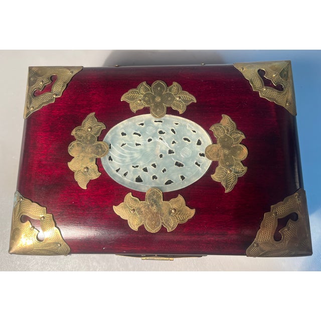 Brown Rosewood Jewelry Box Brass Mounts Shanghai China Silk Brocade Lined For Sale - Image 8 of 9