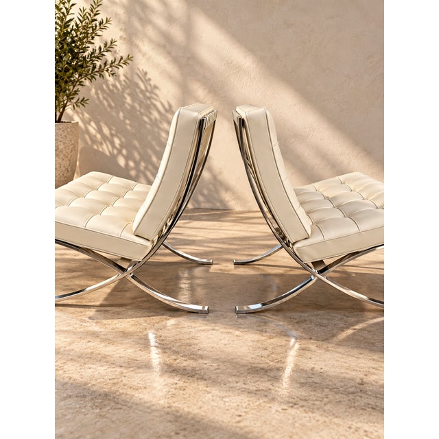 Mies Van der Rohe Pair of 1980s Authentic Knoll Studio Barcelona Chairs, Mies Van Der Rohe Ivory Leather For Sale - Image 4 of 13