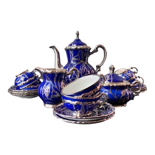 Antique Deusca Porzellan Pure Silver Overlay Tea Set, Cobalt - 19 pcs For Sale