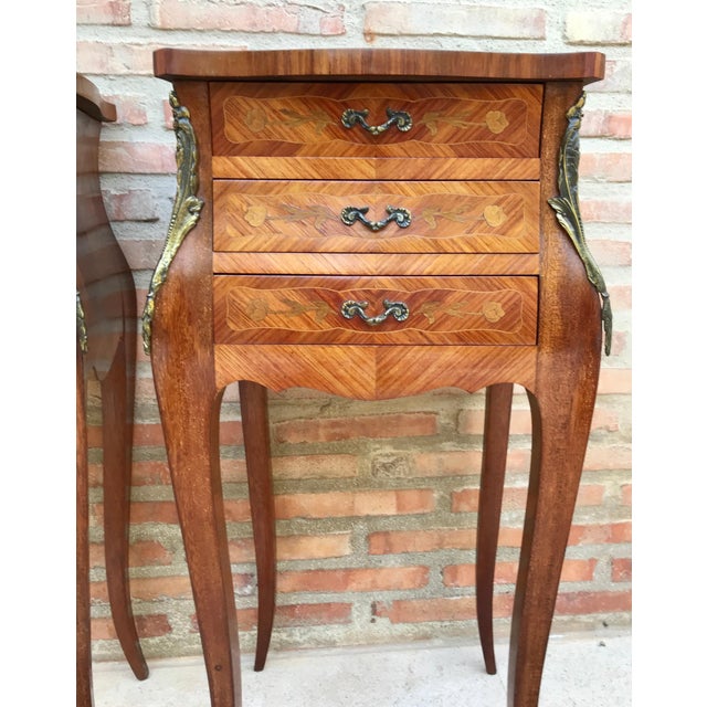 French Classic Louis Vx Style Marquetry Nightstands with Three Drawers, 1920s, A Pair For Sale - Image 12 of 18