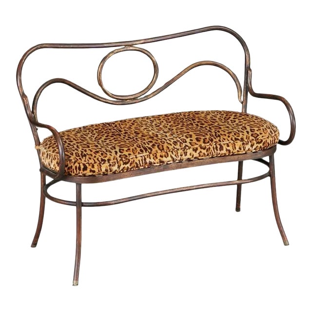 Thonet Styled Patinated Bronze Settee w Leopard Print Fabric For Sale