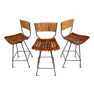 Set of Three ( 3 ) MCM Wrought Iron Bar Stools in Maple & Raffia Rope for Attributed to Arthur Umanoff for Raymor, Usa, C. 1960s For Sale