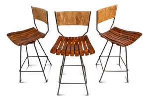 Set of Three ( 3 ) MCM Wrought Iron Bar Stools in Maple & Raffia Rope for Attributed to Arthur Umanoff for Raymor, Usa, C. 1960s