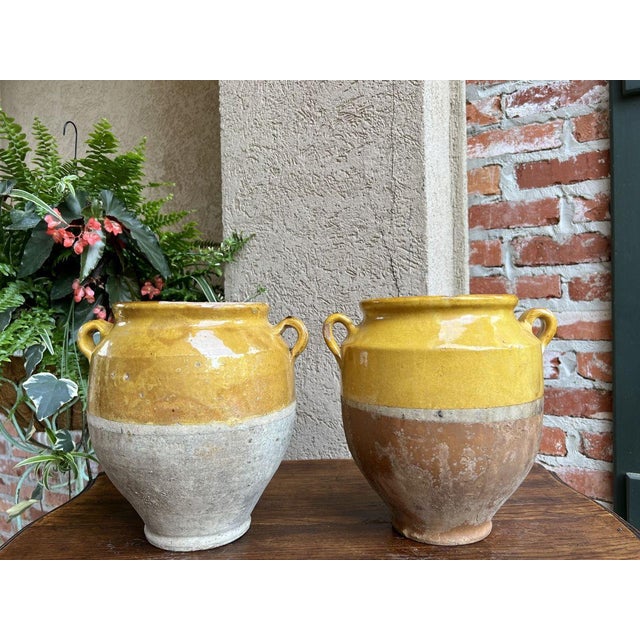 French Provincial Pair Antique Provincial French Yellow Glazed Pottery Confit Pot Urn Vase Vessel For Sale - Image 3 of 13