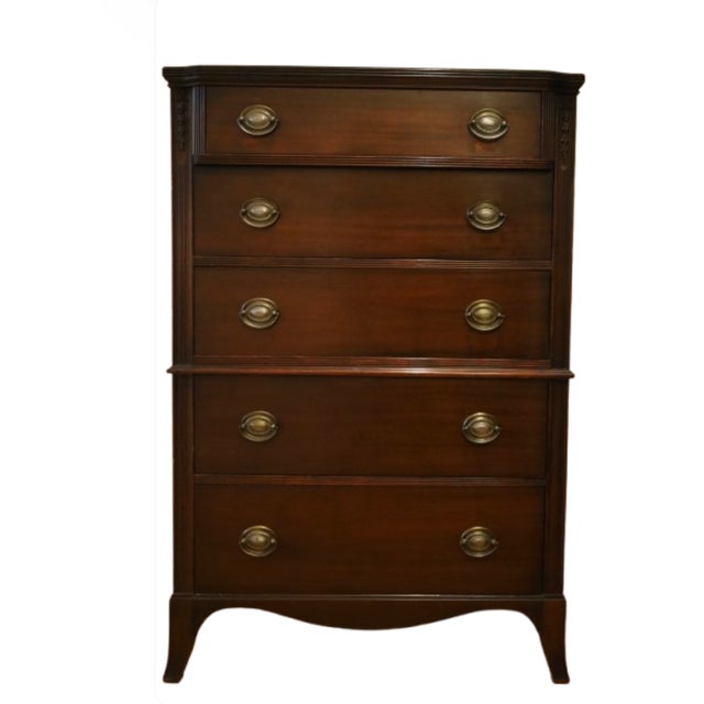 Vintage Huntley 5 drawer tall boy dresser by Huntley Furniture 1920's This mahogany dresser has dovetail drawers, original...