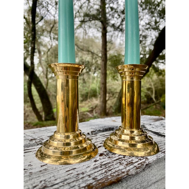 Brass Post Modern Neoclassical Cylindrical Candle Holders, a Pair (After Michael Graves) For Sale - Image 6 of 10