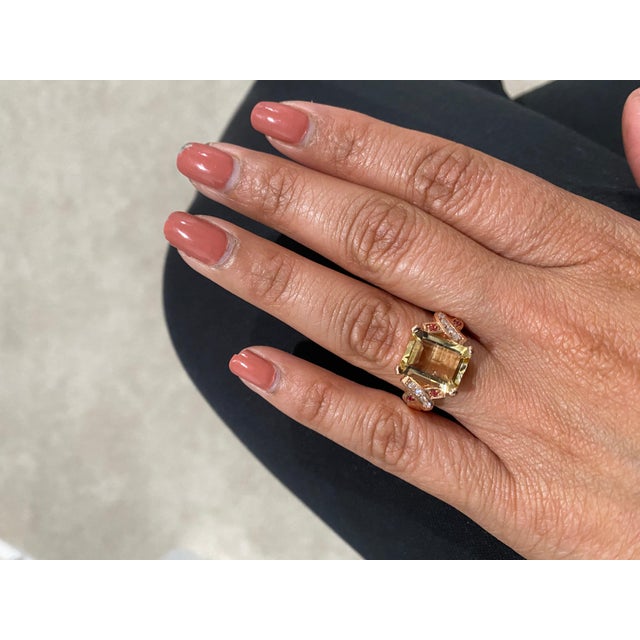 3.93 Carat Citrine Sapphire Diamond Rose Gold Bridal Ring This gorgeous ring has a beautiful Emerald Cut Citrine Quartz...